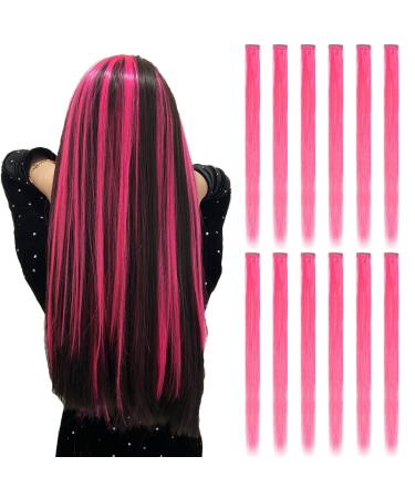 12PCS Colored Hot Pink Hair Extensions Clip in Hair Hair Extensions Colorful 20 Inch Long Straight Hair Extensions for Kids Women's Gifts Christmas Halloween Party (Hot Pink) 12pcs Hot pink