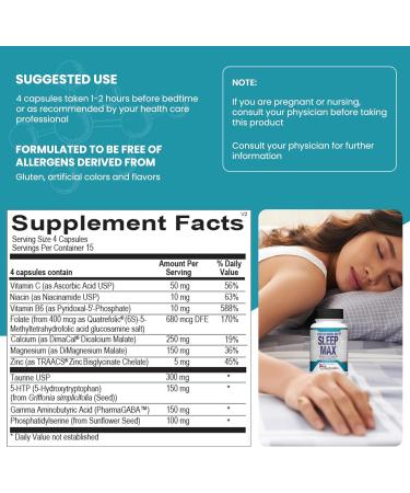 Sleep Max Natural Sleep Aid Magnesium GABA 5-HTP & Taurine REM Sleep & Deep Sleep Supplement Without Melatonin Non-Habit Forming Vegan Herbal Sleep Aid Non-GMO 60 Capsules - Buy Online on GoSupps.com
