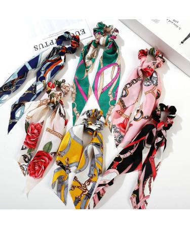 Vintage Floral Satin Bowknot Scrunchies Hair Ties Set with Pearl 6 PCS for Women & Girls - Buy Online on GoSupps.com