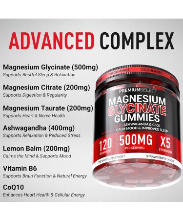 Magnesium Glycinate Gummies for Adults 500mg 120 Sugar Free Gummies Calm and Sleep Support with Ashwagandha Lemon Balm and CoQ10 Magnesium Supplement for Stress and Relaxation - Buy Online on GoSupps.com