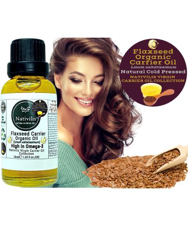 Nativilis Organic Flaxseed Carrier Oil (Linum usitatissimum) - linseed oil - Hair Face & Skin - Natural Cold Pressed - High in Omega-3 - Improves Skin Smoothness Moisturizes Dry Skin - Copaiba