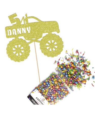 Cakeshop Cake Decoration Pack | Monster Truck Theme Premium Double Sided Glitter Card Cake Topper & 25g Party Pack of Cake Sugar Sprinkles | Custom Name & Age Cake Decorations (Champagne) Prime Glitter Card: Champagne
