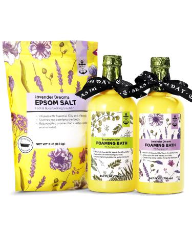 Bubble Bath for Women Adults 2 lb Epsom Salt for Soaking for Pain & 2 Pack 730ml Foaming Bath Lavender & Eucalyptus Mint Scented Spa Gift Set Bath Salts for Women Relaxing