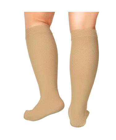 Extra Wide Calf Compression Socks Women Men 20-32mmHg Knee High Plus Size Beige 2X-Large (Pack of 1)
