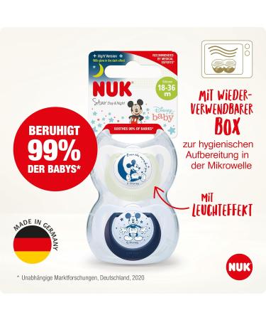 Nuk Disney Mickey Mouse Star Day & Night Silicone Pacifiers - Jaw-Friendly BPA-Free 18-36 Months - Limited Edition (2-Pack) - Buy Online on GoSupps.com