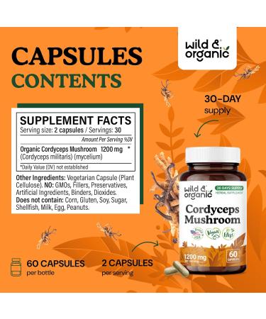 Wild & Organic Cordyceps Mushroom Capsules 1200 mg - Immune Support - Cordyceps Mushroom Powder Supplement - Pure Mycelium Extract - Vegan No Fillers Non-GMO - 60 Count 60 Count (Pack of 1) - Buy Online on GoSupps.com