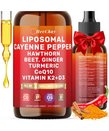 Cayenne Pepper Drops Liposomal Supplement Liquid + Hawthorn Berry Vitamin D3 K2 Beet Root Powder Ceylon Cinnamon CoQ10 Turmeric Curcumin Cayenne Pepper Extract - 2oz 2 Fl Oz (Pack of 1)