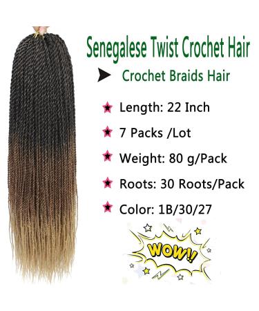Senegalese Twist Crochet Hair 22 Inch Ombre Prelooped Braids for Black Women - 7 Packs (1B/30/27) - Buy Online on GoSupps.com