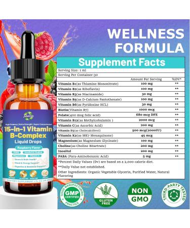 Advanced Vitamin B Complex Liquid Drops for Women Men & Kids, 15-in-1 VIT B Complex with Vitamin C B12 B6 B1 Niacin Folate for Brain Nerve Neuropathy Energy Mood Health, Sublingual B-Complex Drops - Buy Online on GoSupps.com