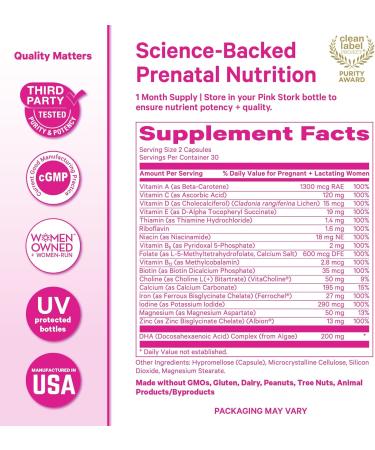 Pink Stork Total Prenatal Vitamins for Women | DHA Folate Iron Choline & Vitamin B12 | Preconception Nutrition | Prenatals for Women Pregnancy Essentials | Doctor Formulated 60 Count Mint 60 Count (Pack of 1) - Buy Online on GoSupps.com