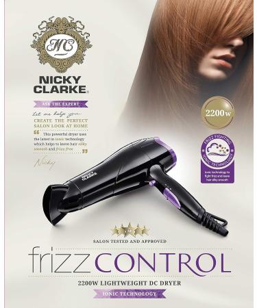 Nicky Clarke Lightweight Frizz Control Hair Dryer - 2200W DC Ionic, 2 Heat & Speed Settings, Cool Shot - Black/Purple - Buy Online on GoSupps.com