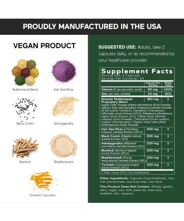 SMARTERNUTRITION Sea Moss Multimineral with Irish Sea Moss with Ashwagandha Bladderwrack Turmeric Zinc Vitamin C Elderberry Dandelion - Non-GMO USA Manufactured - 180 Capsules 90 Day Supply  - Buy Online on GoSupps.com