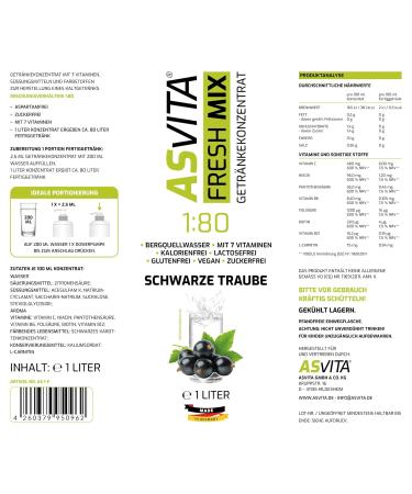 Asvita Beverage Concentrate Fresh Mix 1:80 - Sugar-Free Black Grape Syrup 1 Liter Bottle 26 Delicious Servings - Ideal for International Shipping - Buy Online on GoSupps.com