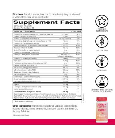 SmartyPants Women's Multivitamin with Omega-3 DHA, Zinc, Biotin, Iron, Folate, Vitamins D3, C, B6, B12 - 30 Day Supply, 30 Capsules - Women's 30 Count - Buy Online on GoSupps.com