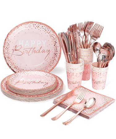 175PCS Happy Birthday Plates and Napkins Party Supplies, Paper Pink and Rose Gold Plates and Napkins with Rose Gold Plastic Forks Knives Spoons Serve 25 Guests for Girl Women Birthday Party Decoration