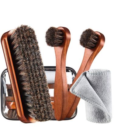 4 Pcs Horsehair Shoe Brush Kit Polishing Daubers Applicators Leather Care Brushes Shine Cleaning Cloth with Bag(Shoe Brush Set E)