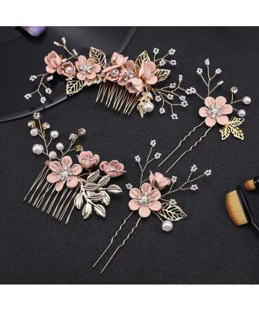 4-Piece Light Pink Gold Wedding Hair Comb Set | Rhinestone Bridal Hair Clips | Elegant Wedding Accessories - Buy Online on GoSupps.com