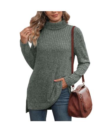 Women Blouse Versatile Long Sleeve Tops Side Slit for Party (XL) X-Large Green