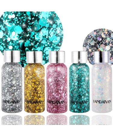 Body Glitter Holographic Glitter Liquid for Festival Make Up,Face Glitter Sequins Chunky for Hair and Eyeshadow Long-Lasting No Glue Needed and Easy to Remove. 5 color