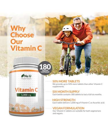 Vitamin C 1000mg - 180 Vegan Tablets - 6 Month Supply - High Strength Ascorbic Acid - Supports Immune System Energy & Collagen Formation - Nu U Nutrition - Buy Online on GoSupps.com