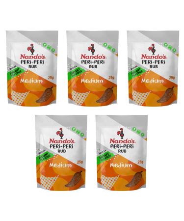 Nando's PERi-PERi Medium Dry Rub - BBQ Seasoning Instant Flavor with a Blend of Garlic, Herbs and Spices with PERi-Peri 25g Bags (5PK) 0.88 Ounce (Pack of 5)