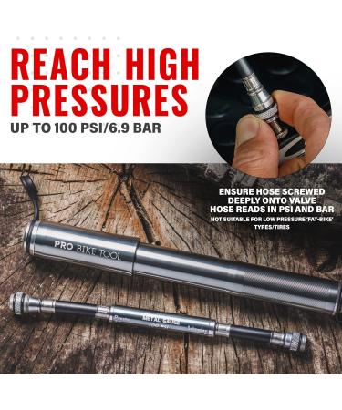 PRO BIKE TOOL Mini Bike Pump with Gauge - High Pressure 100 PSI - Fits Presta and Schrader - Accurate Inflation for Road, Mountain, and BMX Bikes - Includes Mount Kit Titanium - Buy Online on GoSupps.com