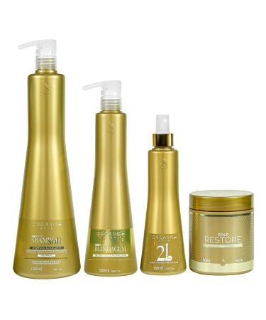 Organic Gold Organic Gold Professional Hair Shielding Kit Intense Reconstruction 4 Products: Soft Shampoo 1000 ml Blindagem 500 ml Restore Mask 500 g Thermo-Protective Spray 300 ml