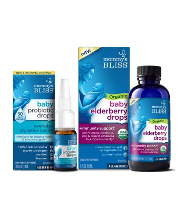 Mommy's Bliss Baby Probiotic Drops Everyday 30 Servings (Pack of 1) with Organic Baby Elderberry Drops 36 Servings (Pack of 1), Support Baby's Immunity Baby Probiotic Drops + Baby Elderberry Drops
