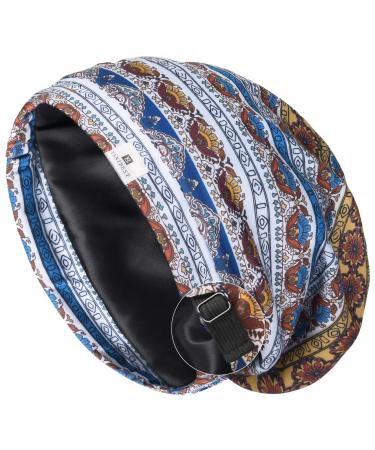 YANIBEST Silk Satin Bonnet Hair Cover Sleep Cap - Adjustable Stay on Silk Lined Slouchy Beanie Hat for Night Sleeping Large Blue Floral