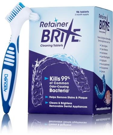 Retainer Brite Cleaning Kit Including 96 Tablets (3 Month Supply) and Denture Brush - Kills 99.9% of Bacteria - Ideal for retainers mouthguard dentures invisalign. Removes Plaque and Tartar. - Buy Online on GoSupps.com