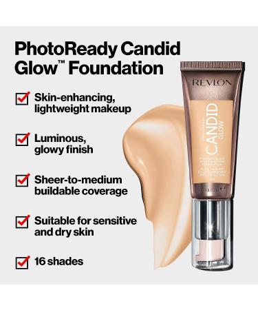 Revlon Photo Ready Candid Glow Liquid Foundation for Sensitive and Dry Skin - Natural Beige - Sheer-Medium Coverage with Natural Glow Finish - 0.75 Fl Oz - Buy Online on GoSupps.com