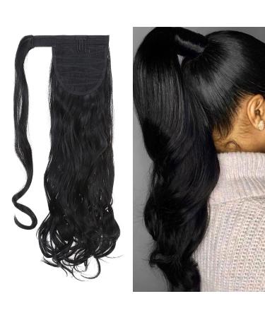 24" Long Curly Wavy Wrap Around Ponytail Clip in Hair Extensions One Piece Hairpiece Magic Tape in Pony Tail Extension for Women Dark Black Dark Black 24 Inch