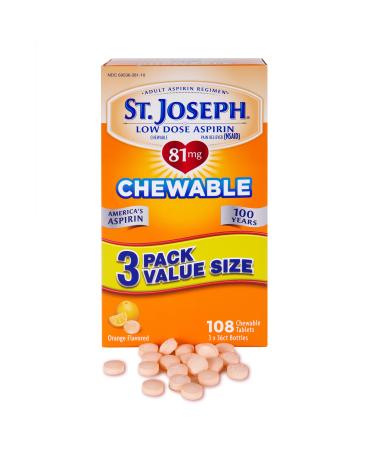 St. Joseph Aspirin Pain Reliever (NSAID) 81mg Chewable Orange Tablets Adult Low Dose Regimen 108 ct (3 x 36 ct Tablets per Bottle)