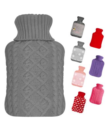 Hot Water Bottles with Cover UK 2L Hot Water Bag Large for Pain Relief Neck Feet Back Period Kids Small Hot Water Bottle with Elegant Knitted Covers Bed Warmer Foot Warmer Grey