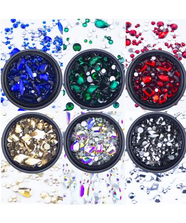 6 Boxes AB Blue Red Green Gold Black Rhinestones for Nails Mixed Colored Multi Shaped Sized Colorful Nail Beads Glass Gems Stones Nail Rhinestones Kit for Nail DIY Crafts Clothes Shoes Jewelry S1-1