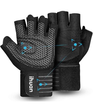 ihuan Ventilated Weight Lifting Gym Workout Gloves with Wrist Wrap Support for Men & Women, Full Palm Protection, for Weightlifting, Training, Fitness, Hanging, Pull ups Black Large