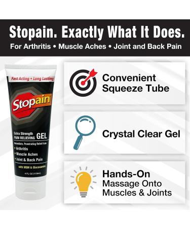 Stopain Pain Relief Gel 4oz (2 Pack) - USA Made Max Strength Fast Acting Relief for Arthritis & Sciatica with MSM Glucosamine Menthol - HSA/FSA Approved - Buy Online on GoSupps.com