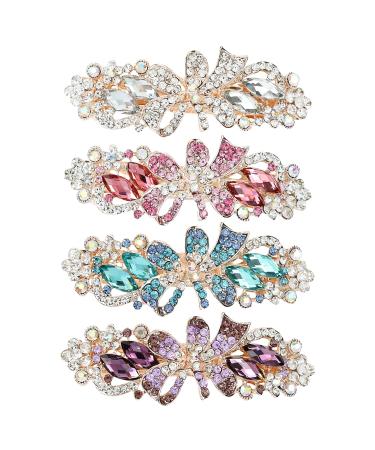 inSowni 4 Pack Luxury Glitter Sparkly Jeweled Gems Korean Decorative Crystal Rhinestone Flower Strong Metal French Barrettes Snap Alligator Hair Clips Headpieces Accessories for Women Girls