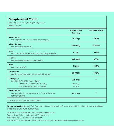 Wholier Plant-Based Multivitamin with Omega-3 DHA, EPA, Vitamin D, B12, Zinc, K2, Iron, Iodine, Selenium - 60 Count Glass Bottle - Buy Online on GoSupps.com