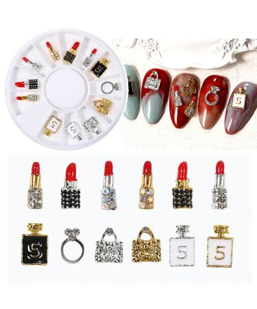 12Pcs Alloy Nail Charms Handbag Lipstick Nail Charms Gold 3D Crystal Gems Luxury Jewelry Charms Rhinestones for Nails DIY Art S4-Lipstick