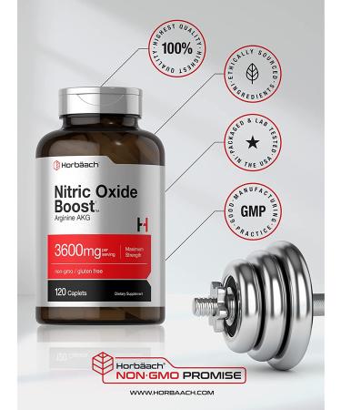 Nitric Oxide Booster 3600mg | 120 Caplets | Arginine AKG for Men and Women | Pre Workout Supplement | Non-GMO & Gluten Free | Horbaach - Buy Online on GoSupps.com