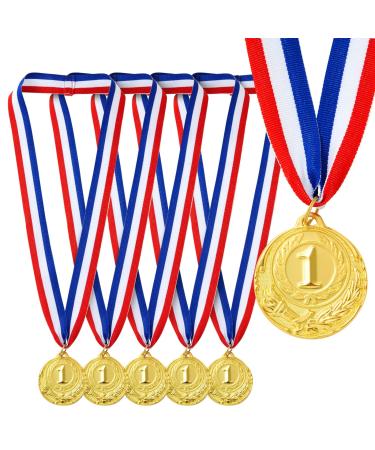 Juvale 6 Pack Gold 1st Place Medals for All Ages, Participation Awards with 15.5-Inch Ribbon for Sports, Tournaments, Competitions (Metal, 2.0 in)