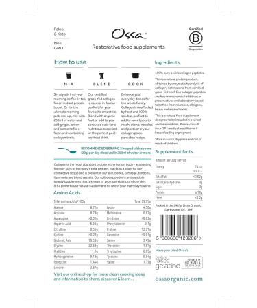 Ossa Certified Grassfed Collagen Peptides Powder 400g - Ideal for Joint Gut Hair Skin Nails | Hydrolysed Bovine Collagen Protein for Keto Paleo Diet | Sugar Dairy Free - Women Men - Buy Online on GoSupps.com