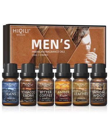 HIQILI Fragrance Oils for Men, Set of 6 Aomatherapy Scented Oils-Sandalwood, Leather, Coffee, Jeans, Tobacco Ebony, Amber Rum, Gift for Father's Day, Men, Dad Men Set