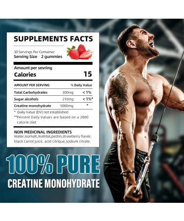 Creatine Monohydrate Gummies - 5g Per Serving for Muscle Growth & Recovery | Low Sugar Strawberry Flavor | 60 Gummies - International Shipping Available - Buy Online on GoSupps.com