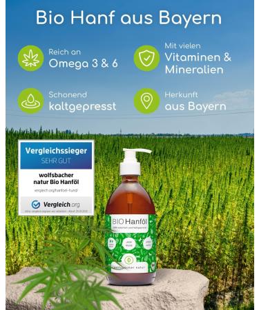 Wolfsbach Organic Hemp Oil for Dogs & Cats 500ml | Omega 3 & 6 | Cold-Pressed 100% Organic from Germany | Ideal Feed & BARF Oil - De- ko-060 - Buy Online on GoSupps.com