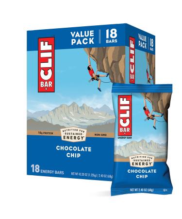 CLIF BARS - Energy Bars - Chocolate Chip - Made with Organic Oats - Plant Based Food - Vegetarian - Kosher (2.4 Ounce Protein Bars, 18 Count) Packaging May Vary