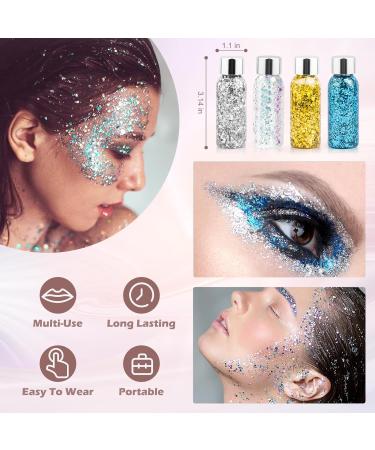 Buy Mermaid Body Glitter Gel - 4 Bottle Festival Face & Hair Glitzer | Self-Adhesive Sparkle Stones for Makeup & Masquerade - Buy Online on GoSupps.com