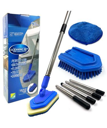 Bathroom Tile Cleaner Shower Cleaning Brush Multi-section Long Handled Scrubbing Brush with Replaceable Stiff Bristle Tub and Tile Scrubber Shower Cleaner Sponge Scourer and Microfibre Pad