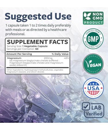 High Absorption Magnesium Bisglycinate Capsules - Clinically Validated Buffered and Chelated Magnesium Supplement - 1 Daily Vegan Capsule with Lab Verified Gentle 200mg Serving (2 Month Supply) 60 Count (Pack of 1) - Buy Online on GoSupps.com